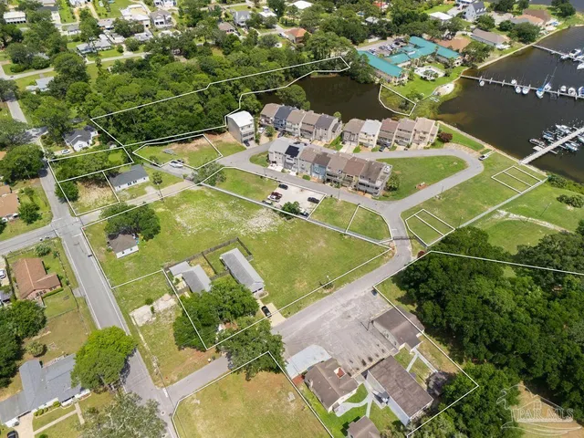 an aerial view of a swimming pool