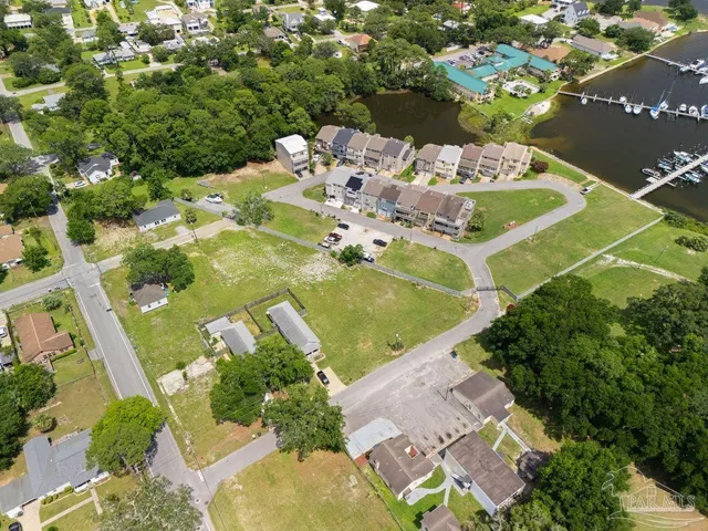 an aerial view of a swimming pool