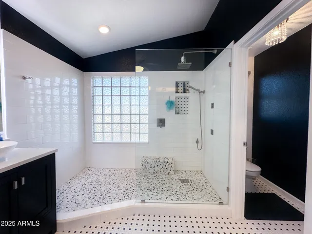 a bathroom with a sink and a shower