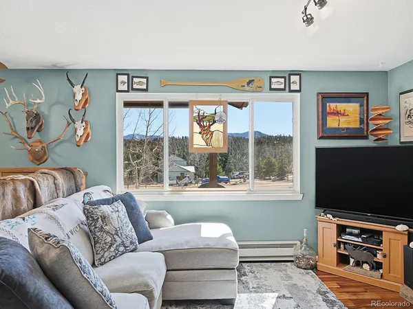 a living room with fireplace furniture and a flat screen tv