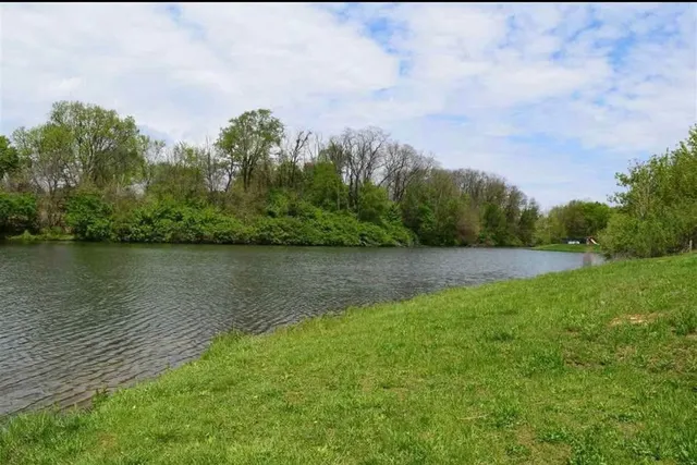 a view of a lake with a city