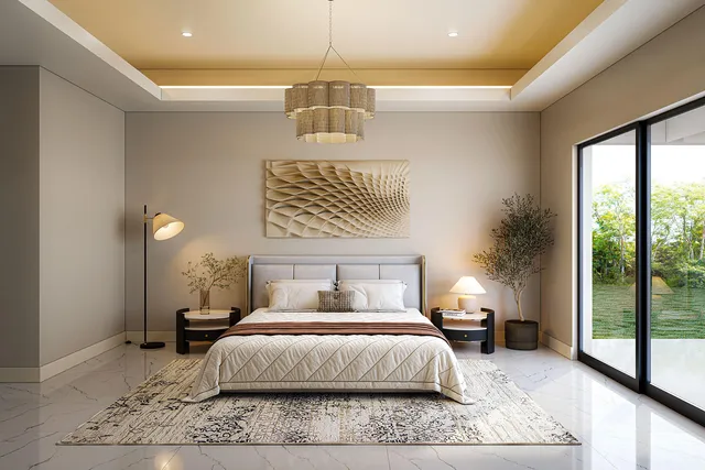 a bedroom with a bed and a window