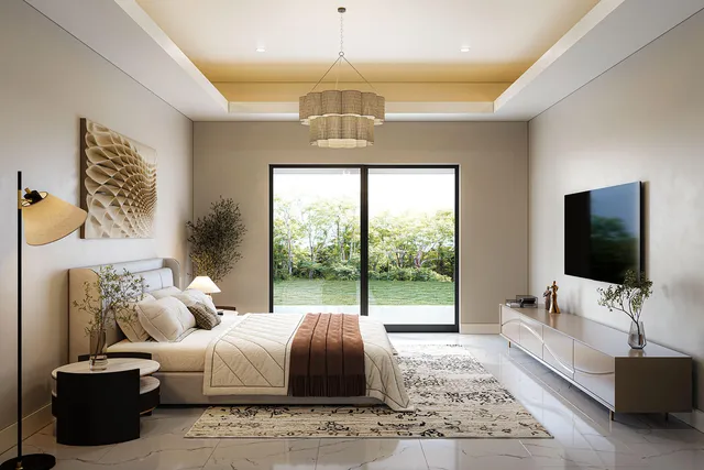 a bedroom with furniture and a large window