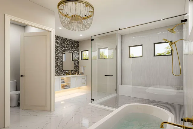 a bathroom with a tub and shower