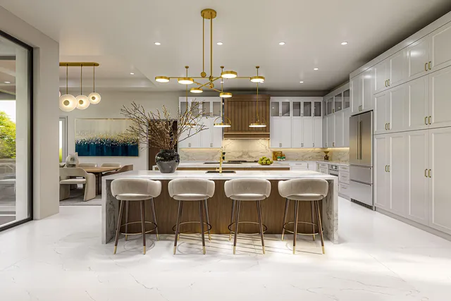 a dining hall with stainless steel appliances kitchen island granite countertop a dining table chairs and view living room