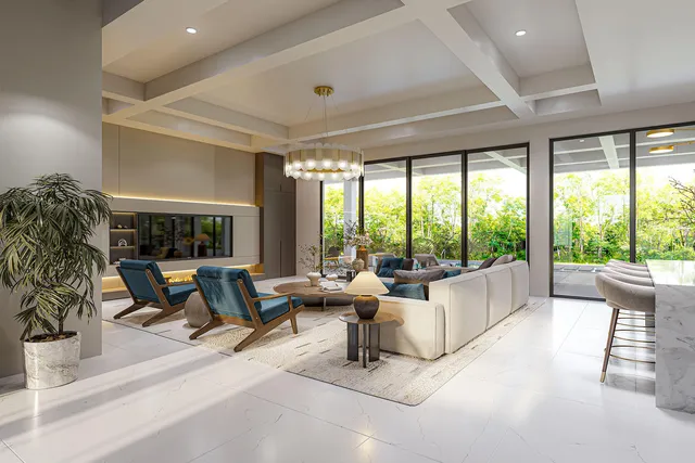 a living room with furniture and floor to ceiling windows