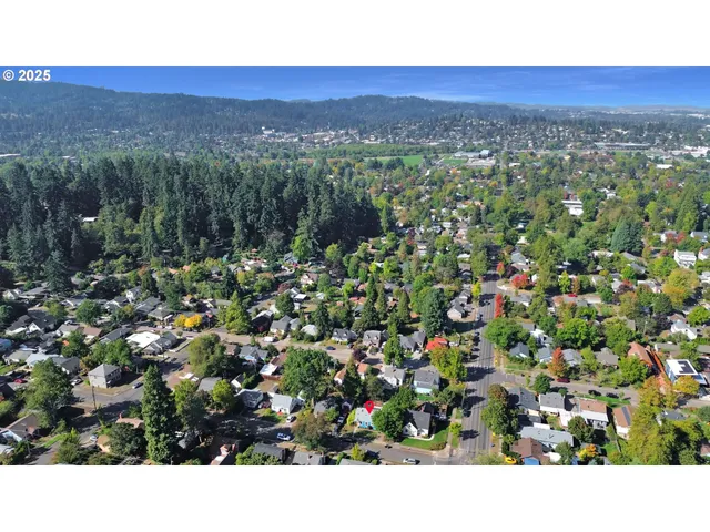 a view of a city with lush green forest