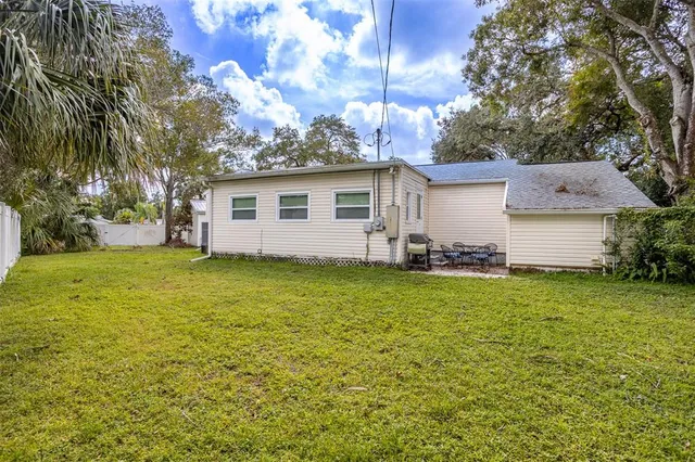 a view of a backyard with a large tree