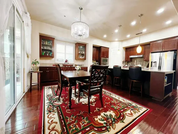 a view of a dining room with furniture