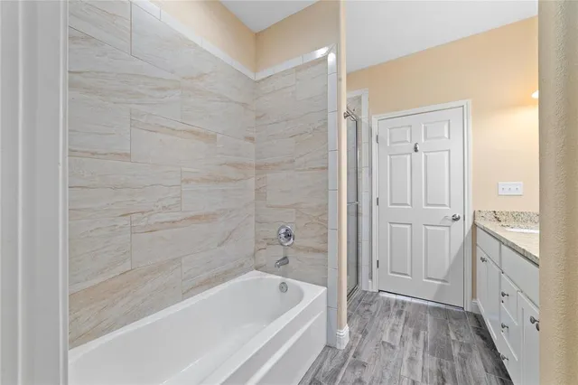 a bathroom with a tub shower and vanity