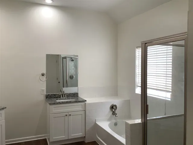 a bathroom with a bathtub sink vanity and mirror