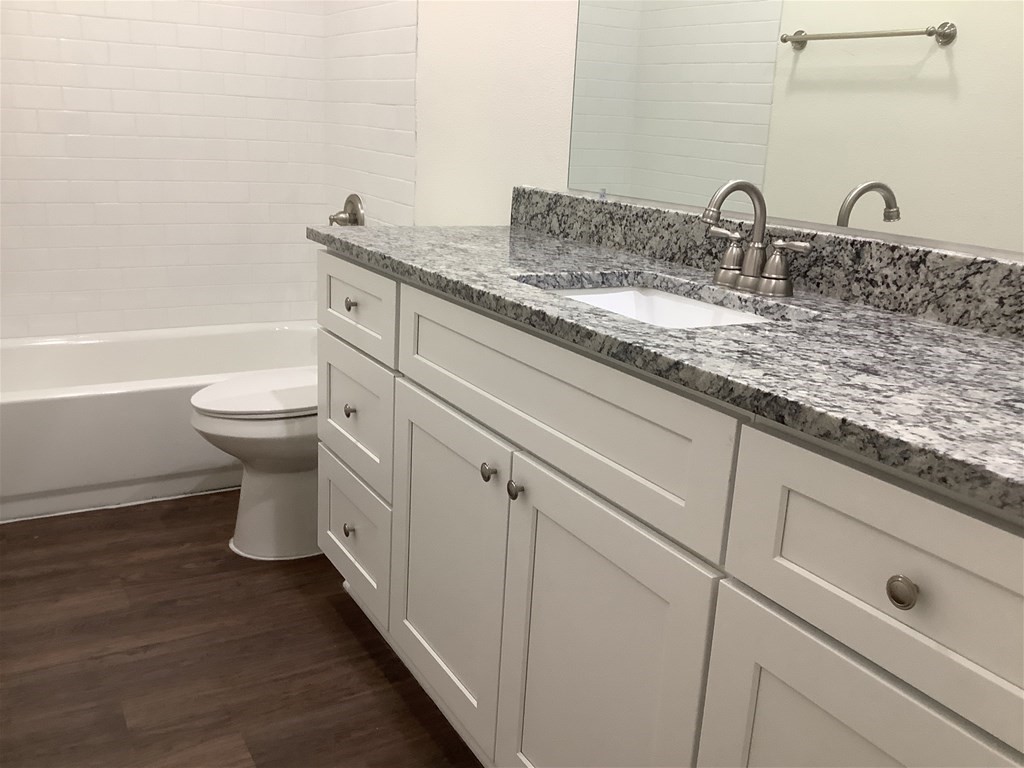 1601 Oak Pl Court Pearland, TX 77581 - Photo 18 of 21 a bathroom with a granite countertop toilet sink and mirror