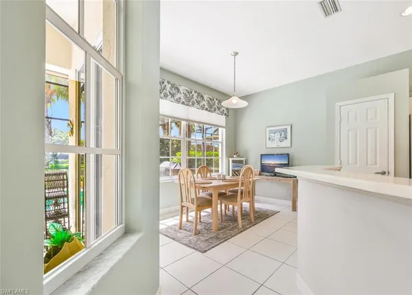 a view of a dining room with furniture window and outside view