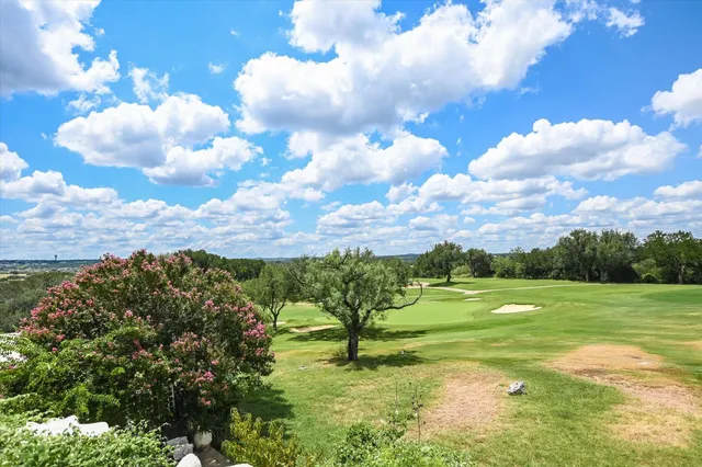 a view of a big yard with swimming pool and green space