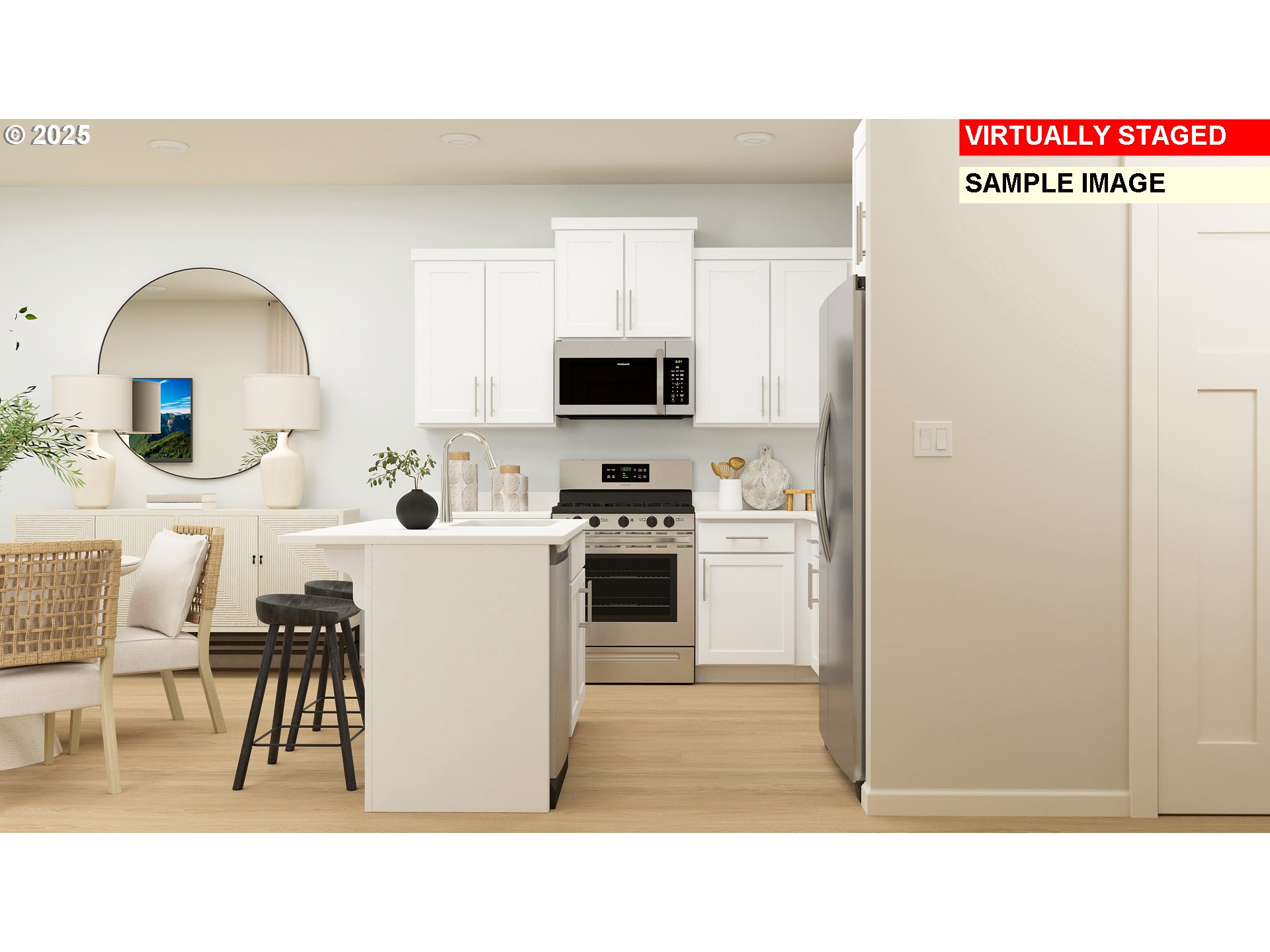 3065 Southwest Duniway Avenue Gresham, OR 97080 - Photo 6 of 24 a kitchen with a refrigerator a stove a sink and a dining table with wooden floor