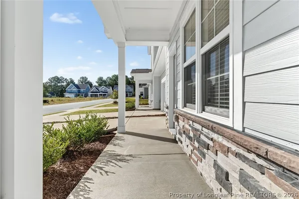 a view of a building from a porch