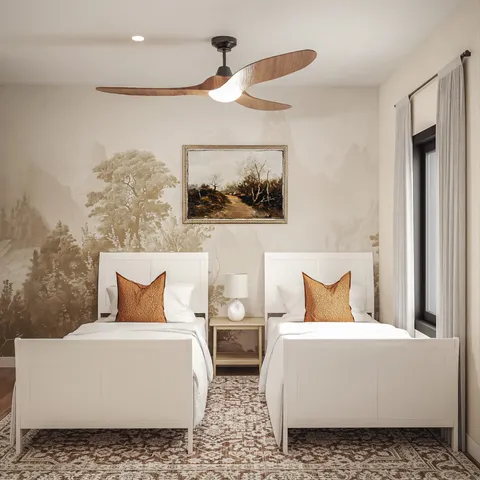 a bedroom with a bed and a painting on the wall