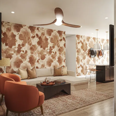 a living room with furniture and a bathtub