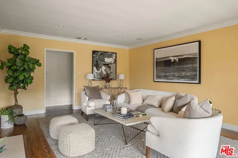 a living room with furniture and a potted plant