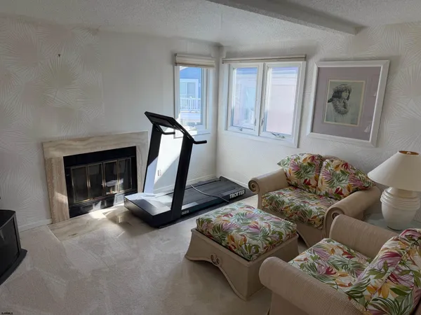a living room with furniture gym equipment and a fireplace