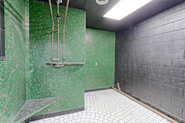 a bathroom with a shower and a sink
