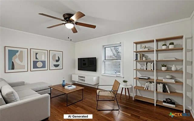 a view of wooden floor and a chandelier fan in a room
