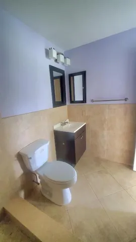 a bathroom with a sink a toilet and mirror