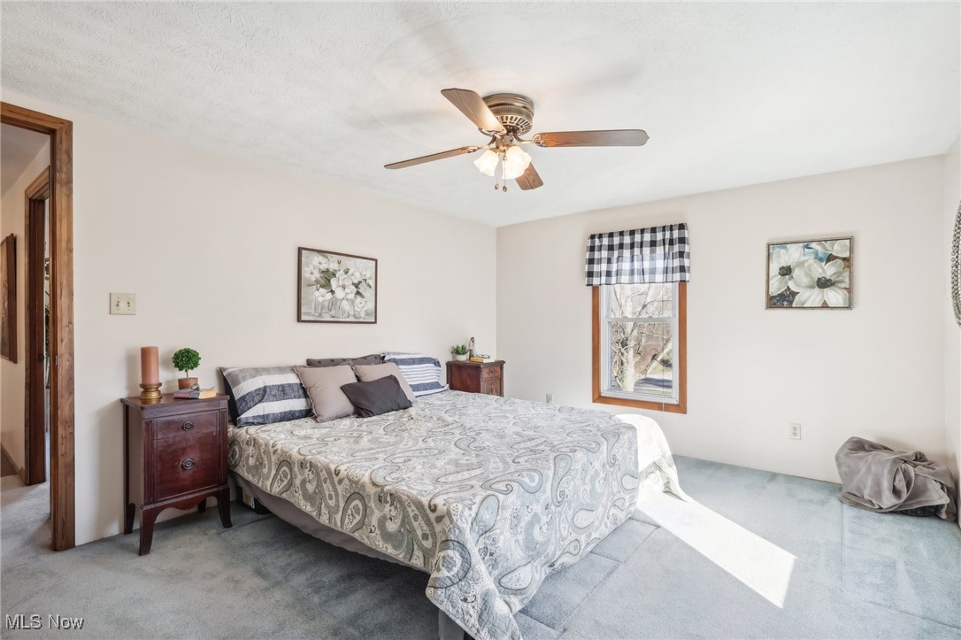 3511 Austin Road Geneva, OH 44041 - Photo 21 of 37 Bedroom with carpet flooring, a textured ceiling, and ceiling fan