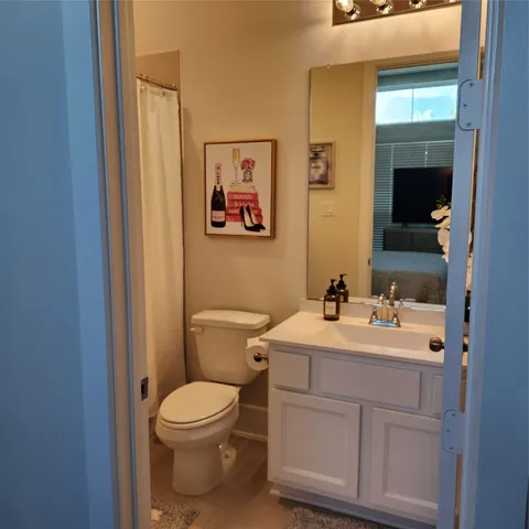 a bathroom with a toilet sink vanity and mirror
