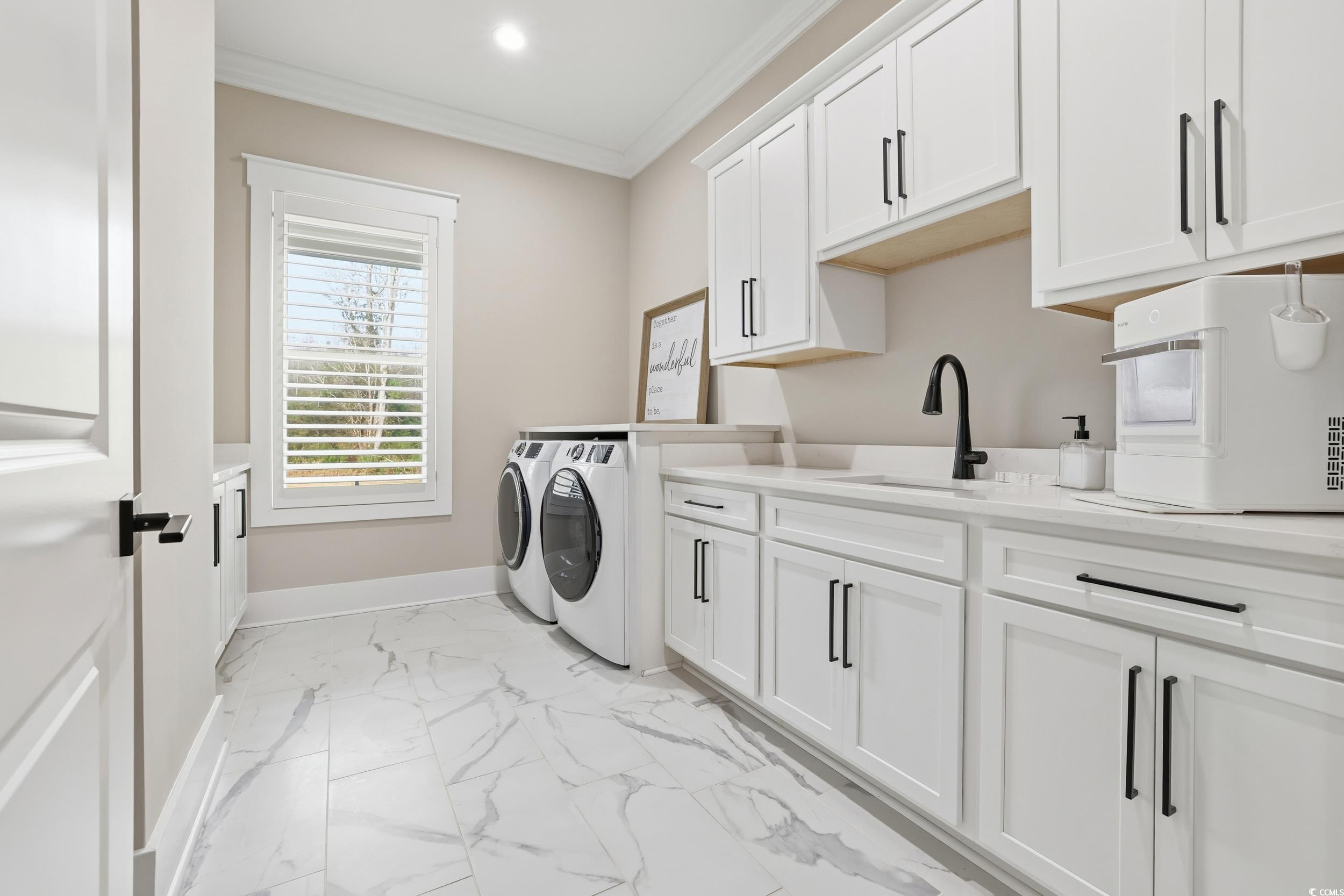 280 Bay Rdg Drive North Myrtle Beach, SC 29582 - Photo 25 of 38 Laundry area featuring light marble finish flooring, crown molding, cabinet space, independent washer and dryer, and recessed lighting