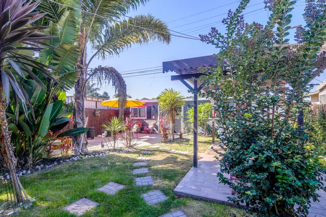 an outdoor space with seating space