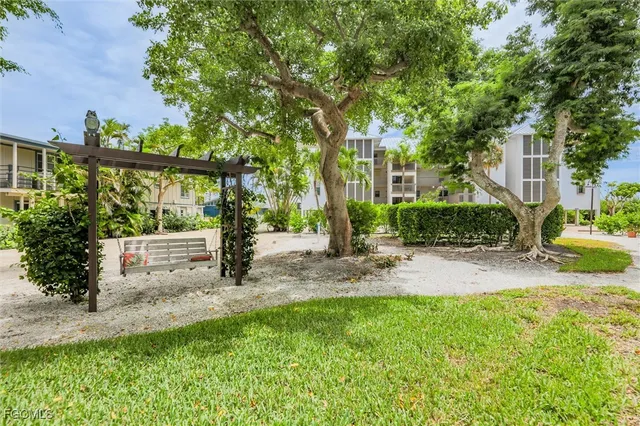 an aerial view of a house with a yard potted plants and large tree