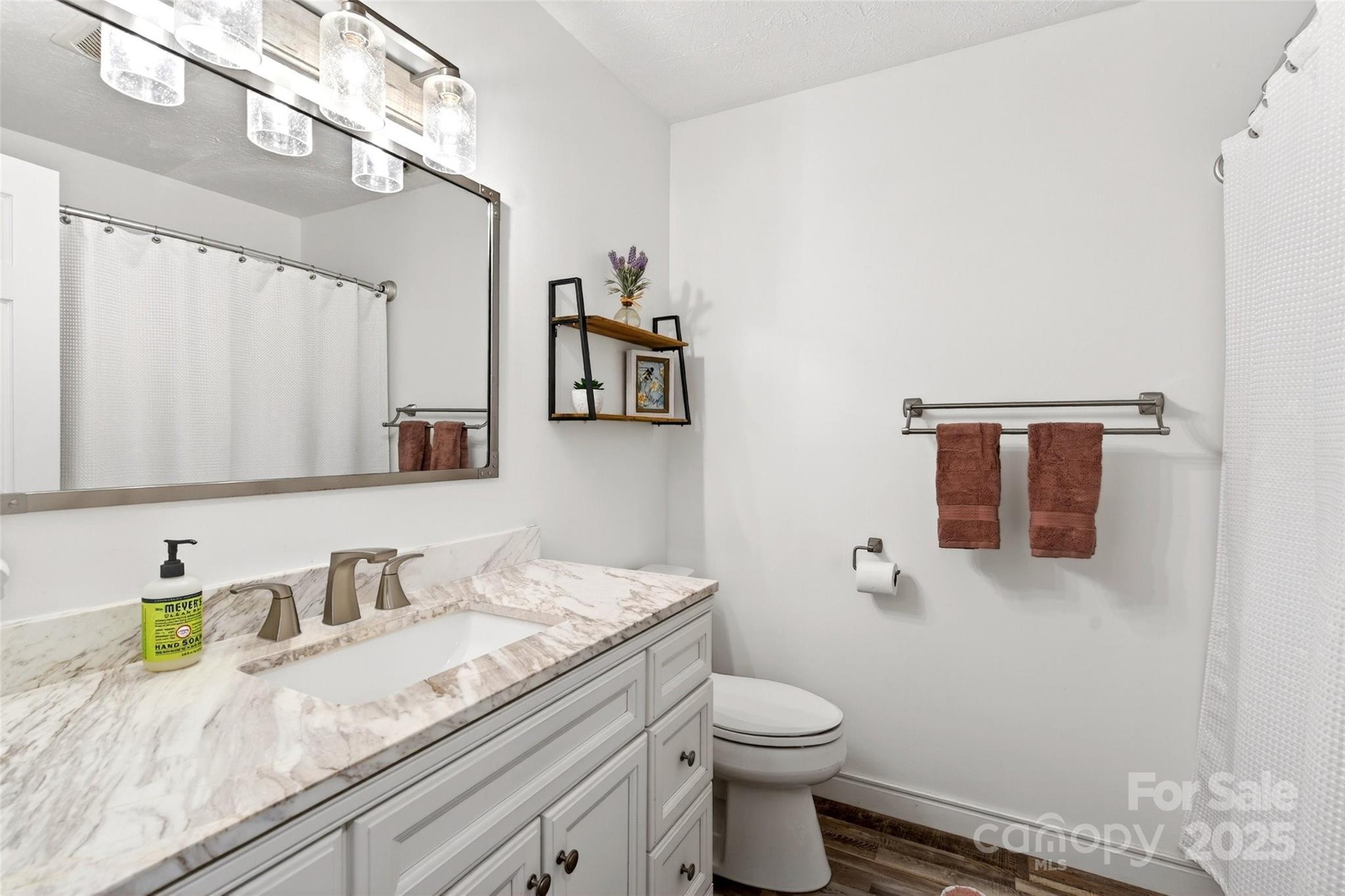 45 Due West Road Hendersonville, NC 28792 - Photo 24 of 45 a bathroom with a granite countertop sink a toilet and mirror