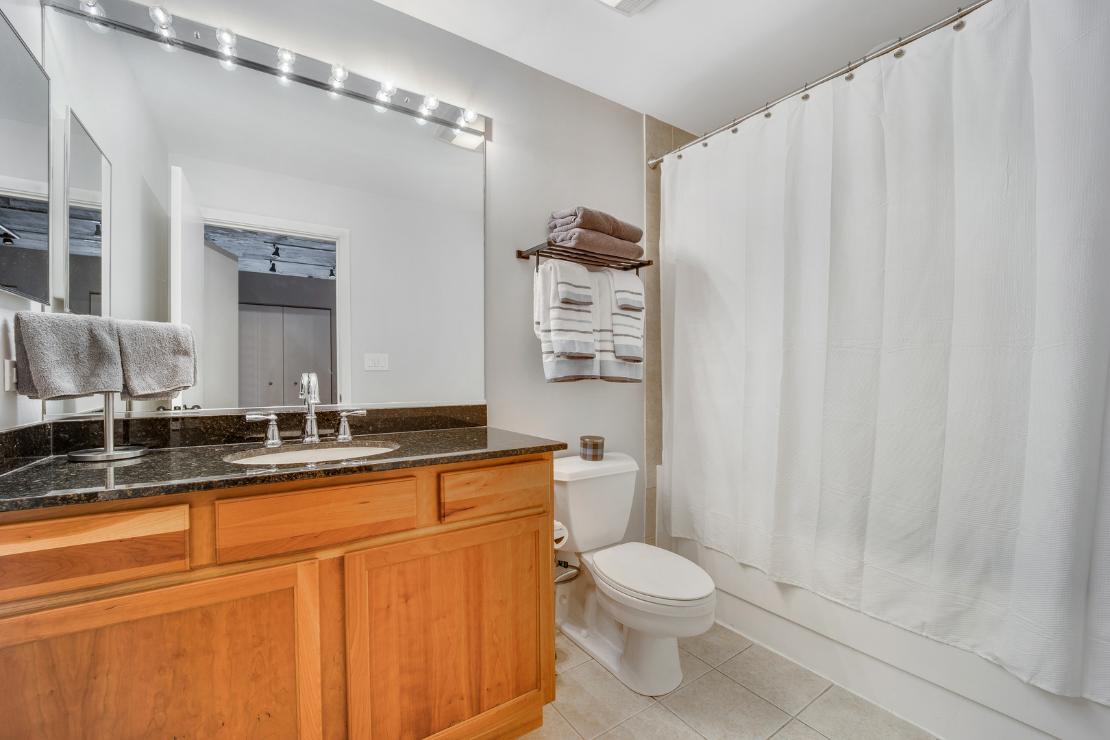 1111 West 15th Street, Unit 123 Chicago, IL 60608 - Photo 11 of 24 a bathroom with a granite countertop sink a toilet a mirror and shower
