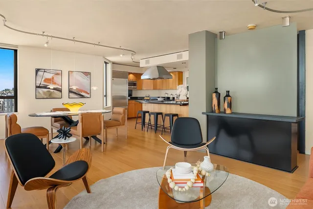 a living room with furniture and a table