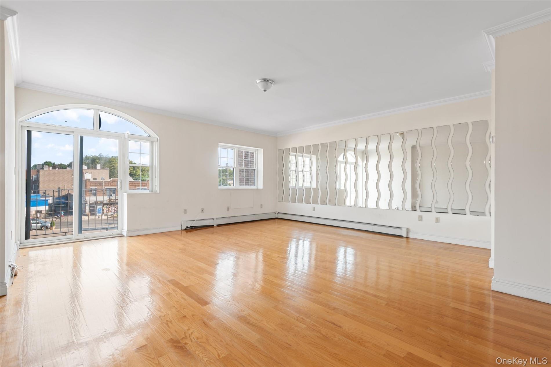 Empty room featuring crown molding, light wood-type flooring, and a baseboard heating unit