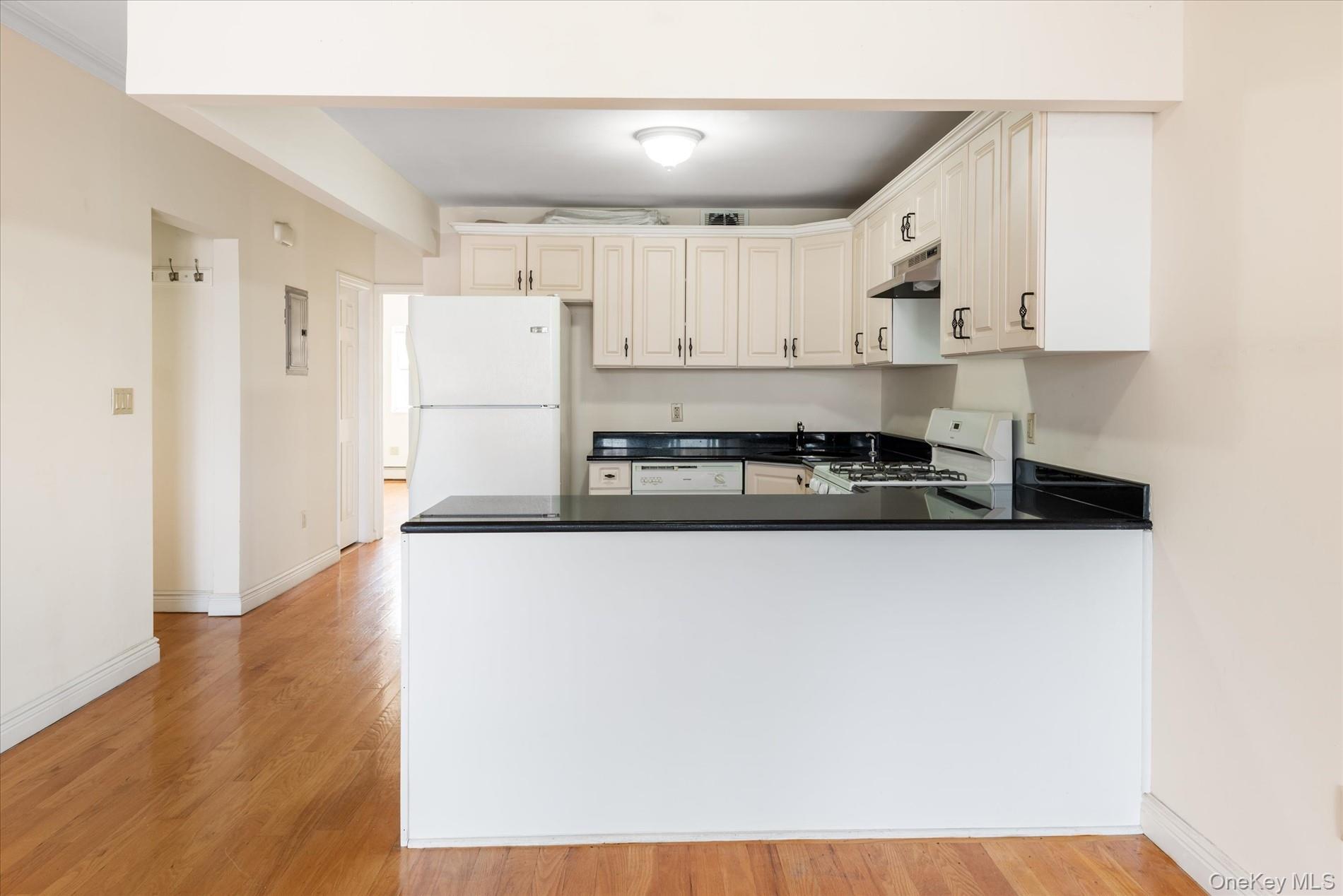 71-05 Cooper Avenue, Unit 2 Queens, NY 11385 - Photo 7 of 15 Kitchen with dark countertops, white appliances, a peninsula, and light wood-type flooring