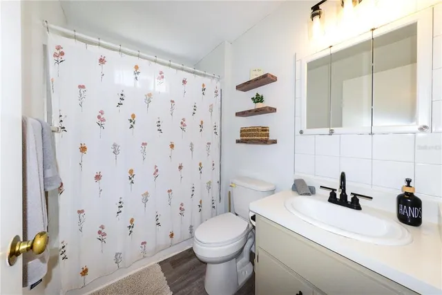 a bathroom with a sink a toilet and shower curtain