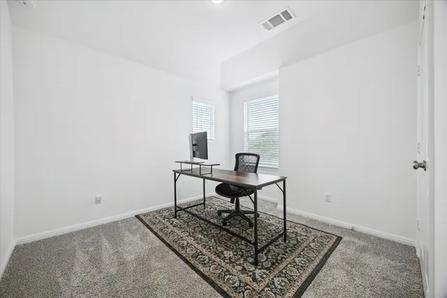 a workspace with furniture and a rug