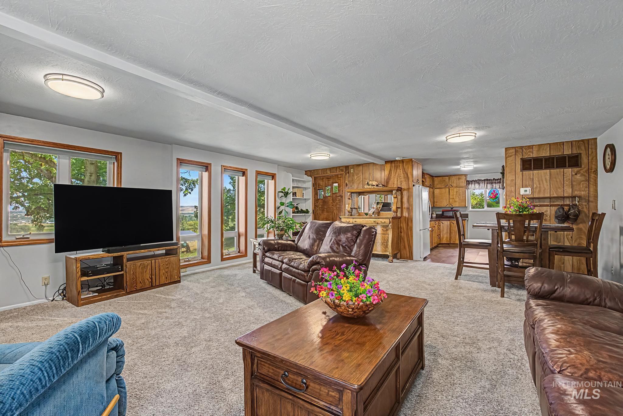 4311 Frozen Dog Road Emmett, ID 83617 - Photo 17 of 31 Open-concept living area featuring light gray carpeting, multiple windows with wood frames, white ceiling, and flush-mount lighting fixtures