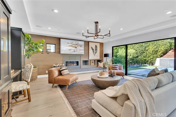 a living room with fireplace furniture and a large window