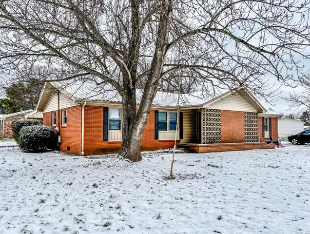 a backyard of a house with potted plants and large tree