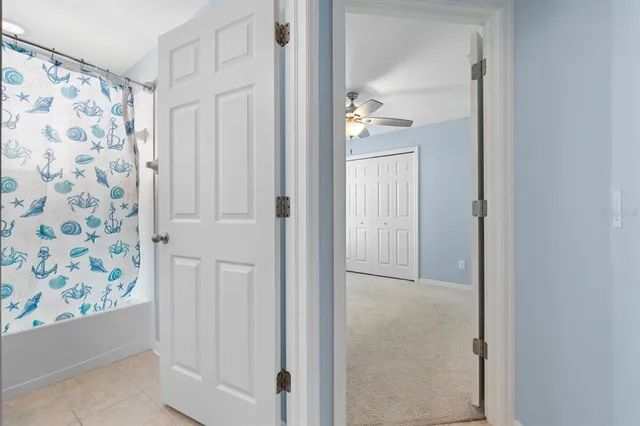 view of a bathroom with a shower and a mirror