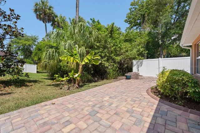 a view of backyard with table and chairs and potted plants