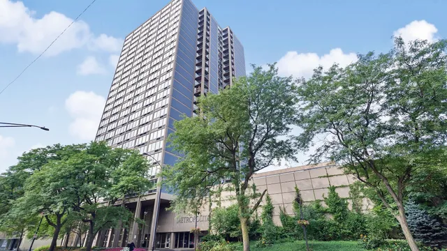 a view of a city with tall trees