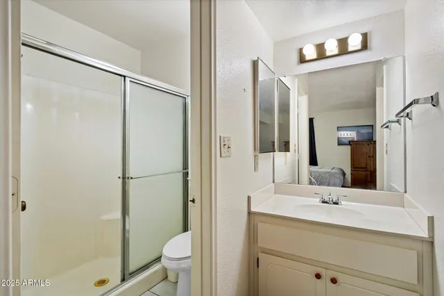 a bathroom with a shower sink vanity mirror and toilet