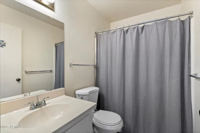 a bathroom with a sink a toilet and shower curtain