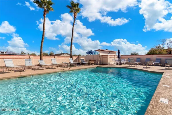 a view of a swimming pool and lounge chairs