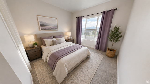 5502 North Valley View Road Lehi, UT 84048 - Photo 20 of 33 Carpeted sleeping area featuring a large window with purple drapes, a light-colored accent wall, and a neutral color palette