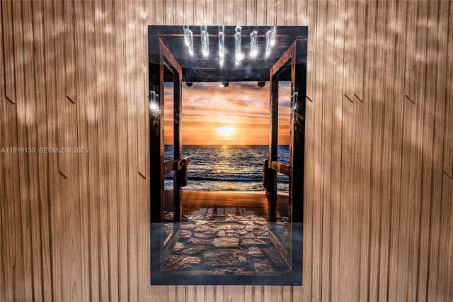 view of wooden door with bathtub